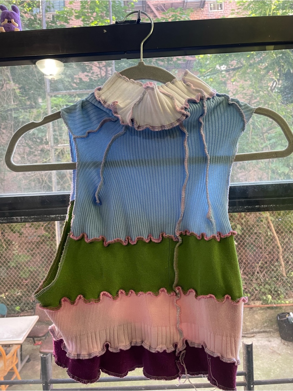 Megan O’Cain Colorblock Ruffle Sleeveless Crop Top in Blue, Green, Pink, Purple